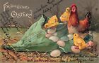 Fröhliche Ostern Huhn Küken Ostereier Stroh Postkarte AK 1905