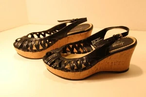 Bass Mudslide Sandals Size 6M Black Stitched Slingback & Cork Wedge Shoes - Picture 1 of 12