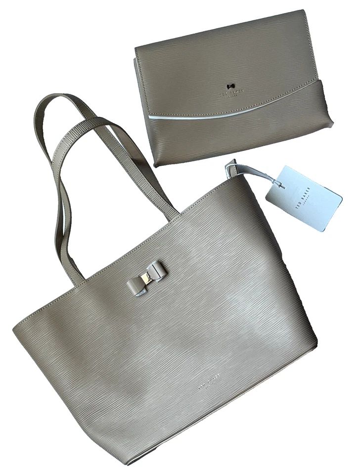 Nuevo Bolso de Mano Ted Baker London Detalle de Lazo Taupe Diseñador Shopper con Bolsa a Juego Foto 1 de 4