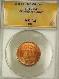 1942 Iceland 5A Five Aurar Copper ANACS MS-64 RB Red-Brown (Better Coin) (A) - Picture 1 of 2