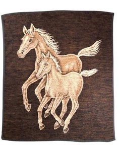 Vintage Biederlack Horse Running Throw Blanket Brown Reversible Made in USA Tan - Bild 1 von 9