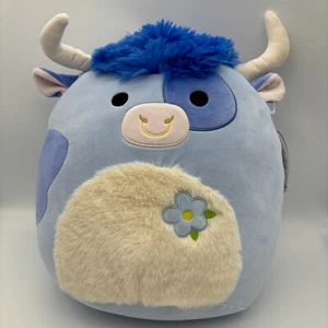 Squishmallows 12" Bermayeh Blue Bull Fuzzy White Belly Flower Stuffed Plush Toy - Picture 1 of 4