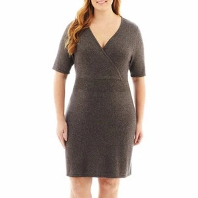 LIZ CLAIBORNE Plus Size 2X Charcoal Lurex Surplice Sweater Dress NWT - Image 1 of 3