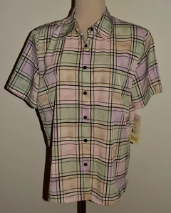New Womens Notations Shirt Large Button Front Short Sleeve Plaid Blouse - Picture 1 of 3