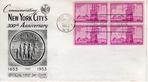 1953 FDC 300th Anniversary New York City Fleetwood Block of 4 ST3457 - Picture 1 of 3