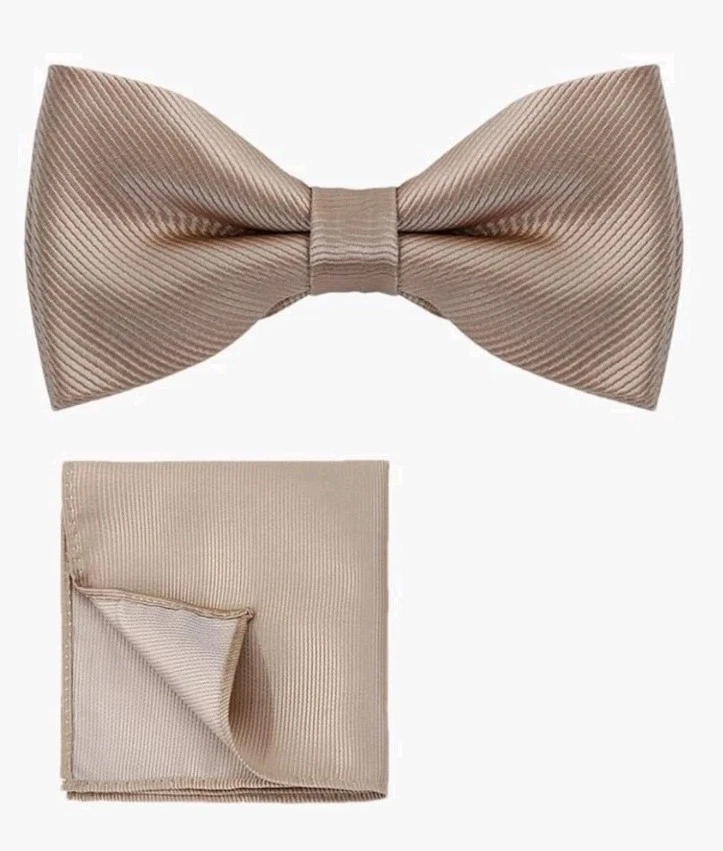 Solid Bowtie Pocket Square Set Business Men 2Pcs Bow Ties Champagne  - Image 1 of 1