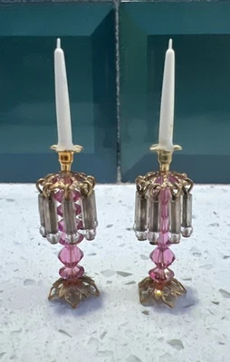 Castiçais boêmios raros vintage miniatura para casa de bonecas ouro e rosa deslumbrantes - Imagem 1 de 4