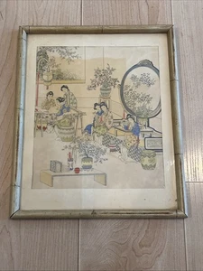 Vintage Hand Colored Chinese Courtesan Art Print In Bamboo Frame - Picture 1 of 5