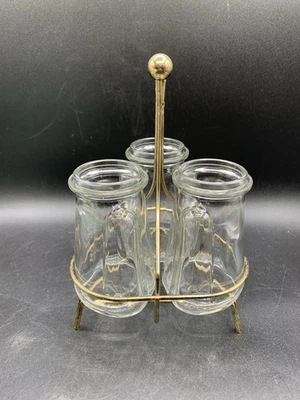 Carrito de condimentos atómicos vintage años 60 Hazel Atlas 3 frascos oro MCM Foto 1 de 4