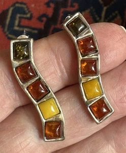 BEAUTIFUL VINTAGE STERLING SILVER & MULTI COLORED AMBER SNAKE LIKE LONG EARRINGS - Picture 1 of 4