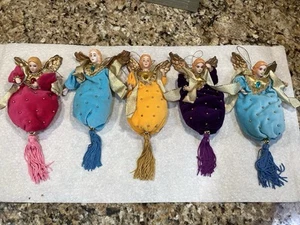 Set of 5 Vintage Angel Ornaments Avon Porcelain Hands & Head Velvet Body - Picture 1 of 6