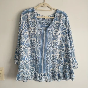 Cynthia Rowley Tunika Top Damen 3X weiß blau Blumen Rüschen V-Ausschnitt Boho - Bild 1 von 7