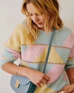 Sezane Damien Jumper M Pastel Pink Blue Colour Block Alpaca Wool Sweater Luxury - Picture 1 of 13