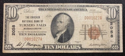 1929  $10 TYPE 1  CROCKER NATIONAL BANK OF TURNERS FALLS, MASSACHUSETTS  #2058 - Image 1 of 2