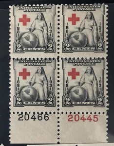 Scott 702, 2c Red Cross, Plate block/4, Bottom #s20445(R)/29466(B) MNH Free Ship - Picture 1 of 1