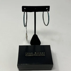 NWT Joan Rivers Gunmetal Silver Tone Blue Rhinestone Skinny Hoops Earrings - Picture 1 of 7