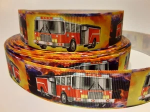 Cinta de grosgrain camiones de bomberos estación de camiones llamas de extinción de incendios de emergencia, 1" - Imagen 1 de 1