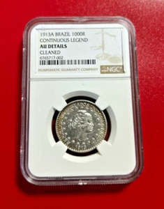1913A BRAZIL 1000 REIS CONTINUOUS LEGEND NGC AU DETAILS - Picture 1 of 2