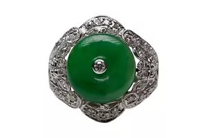 Round Grade A Jade and Diamond 18K White Gold Ring Size 6.25 - Picture 1 of 4