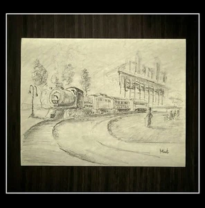 Original Drawing Cumberland Valley Rail Road Steam Train Art Signed Framed 16x13 - Picture 1 of 10