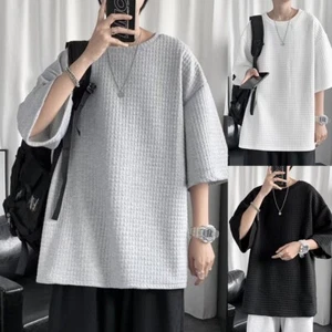 Men Top Casual Five-quarter Sleeves Korean Style Regular Summer T-shirt - Picture 1 of 35
