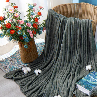 Cotton Cable Knit Bed Blanket High Quality Soft Warm Throw Blanket 20 Colors - Image 1 of 4