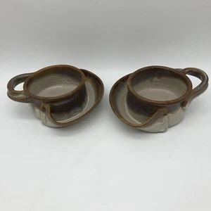 Soup and Crackers Stoneware Bowls Brown Blue Signed Erik Hertz Set of 2 - Picture 1 of 16