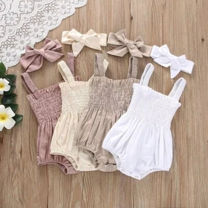 Baby Girl Summer Romper Set Sleeveless Jumpsuit + Headband - Picture 1 of 9