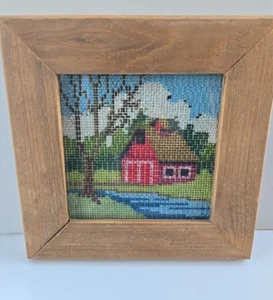 Vintage Needlepoint Embroidery Barn Landscape River Framed 8 x 8 Picture - Picture 1 of 5