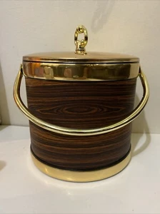 MCM Brown Wood Tone Vinyl Ice Bucket with Brass Handle Rim And Lid - Picture 1 of 6