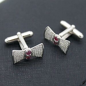 Bow Knot Men's Wedding Cufflinks 14K Rose Gold Plated Round Lab Created Ruby