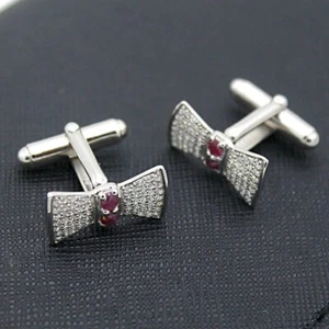 Bow Knot Men's Wedding Cufflinks 14K White Gold Plated Round Lab Created Ruby - Picture 1 of 5
