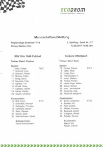 Line up 17/18 RL SSV Ulm 1846 - Kickers Offenbach - Imagen 1 de 1