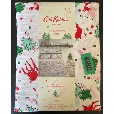 Cath Kidston London Ditsy Deer King Sheet Set Cotton Christmas Holiday NEW - Image 1 of 4