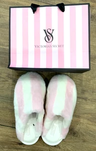 VICTORIA'S SECRET SEXY PLUSH SLIPPERS-BLUSH PINK & WHITE STRIPES-SZ LARGE US-NWT - Picture 1 of 5