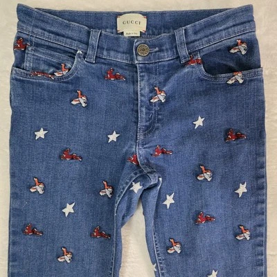 GUCCI Girls Jeans Size 10Y All Over Embroidered Rabbit Duck Star, Made in Italy - Image 1 of 4