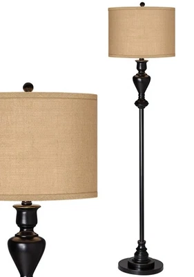 Traditional Floor Lamp Black Bronze Woven Burlap Shade for Living Room Reading - Image 1 of 4