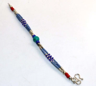 Brazalete Nepalí Tribal Tibetano Turquesa Rojo Coral Piedras Preciosas Talla 6" GW Foto 1 de 3