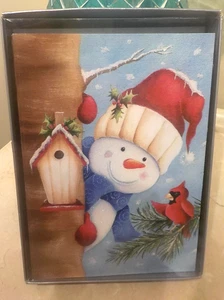 Vintage Kmart Box 16 ct. glitzernde Weihnachtskarten Schneemann rot Kardinal Vogelhaus - Bild 1 von 2