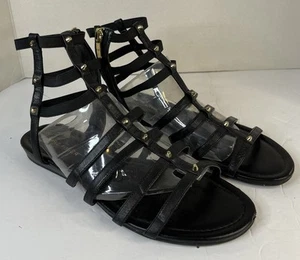 Marc Fisher Pritty Sz 8.5 M Caged Gladiator Black Leather Gold Studs Sandals - Picture 1 of 14