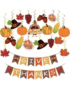 42 Pcs Thanksgiving Decorations Pre-Assembled GIVE THANKS Banner Hanging Swirls - Picture 1 of 7