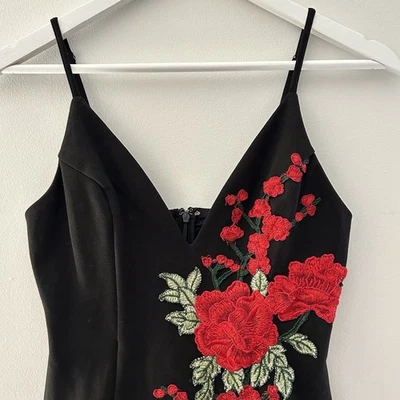 A'GACI Red Roses Dress Sz S Black Stretch Bodycon Embroidered Applique Y2k - Image 1 of 4