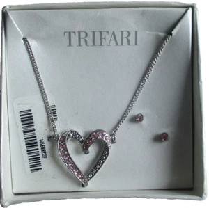 Pendientes perforados vintage Trifari tono plata 15" CORAZÓN pedrería rosa - Imagen 1 de 3