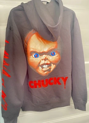 Chucky Unisex Hoodie with Tags, Wanna Play on Right Sleeve And Chucky Face - Image 1 of 4