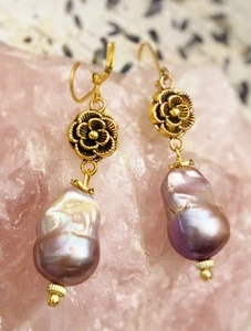 Huge Purple Pink Baroque Genuine Pearls In Flower Gold Plated Long Earrings - Picture 1 of 6