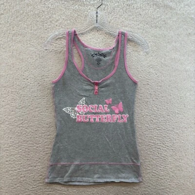 Y2K Vintage Camsiole Pajama Tank Top Medium Grey Pink Henley Social Butterfly - Изображение 1 из 4