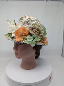 LATE SPRING! Vintage Evelyn Varon WOVEN Straw & Floral Hat White - Picture 1 of 9
