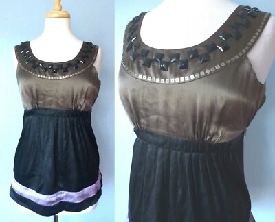 Blusa sin mangas plisada con cuentas negra marrón 100 % seda Kensie para mujer 4 S Foto 1 de 4