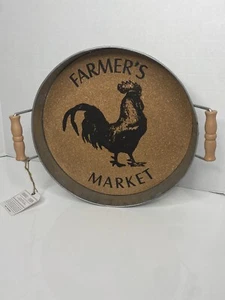 FIDDLE & FERN GALVANIZED METAL TRAY W CORK CENTER AND WOOD HANDLES-ROOSTER - Picture 1 of 5