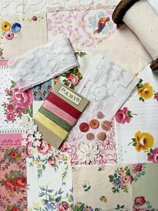 Pretty VINTAGE French Slow Stitch Fabric Strips & Trims Kit with Wood Spool - Picture 1 of 11